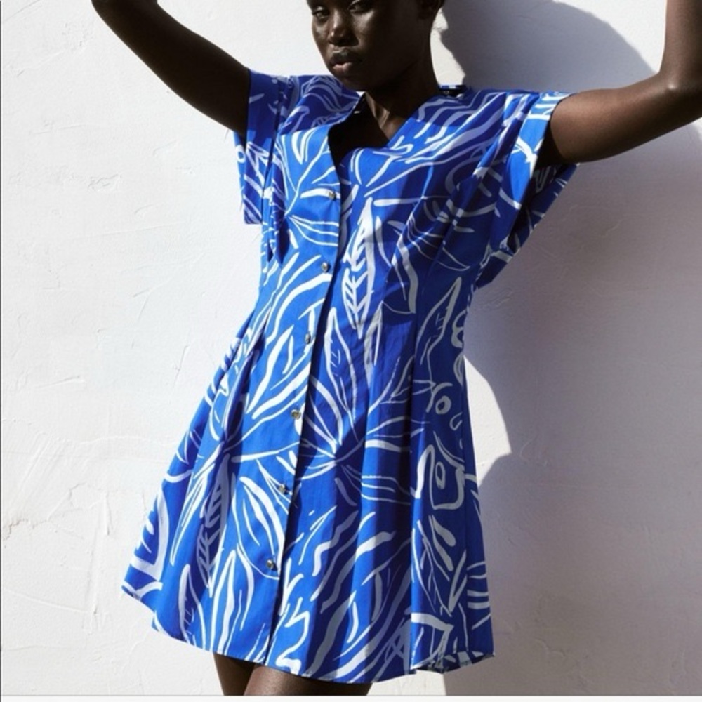 Zara Grecian Blue & White Santorini Palm Print Dress Small